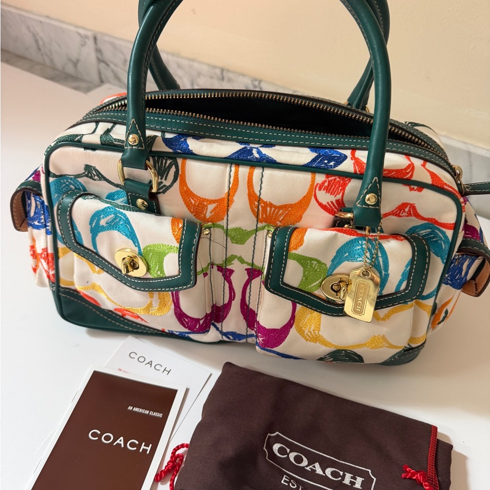 Coach Multicolor Signature Satchel with Green Accents